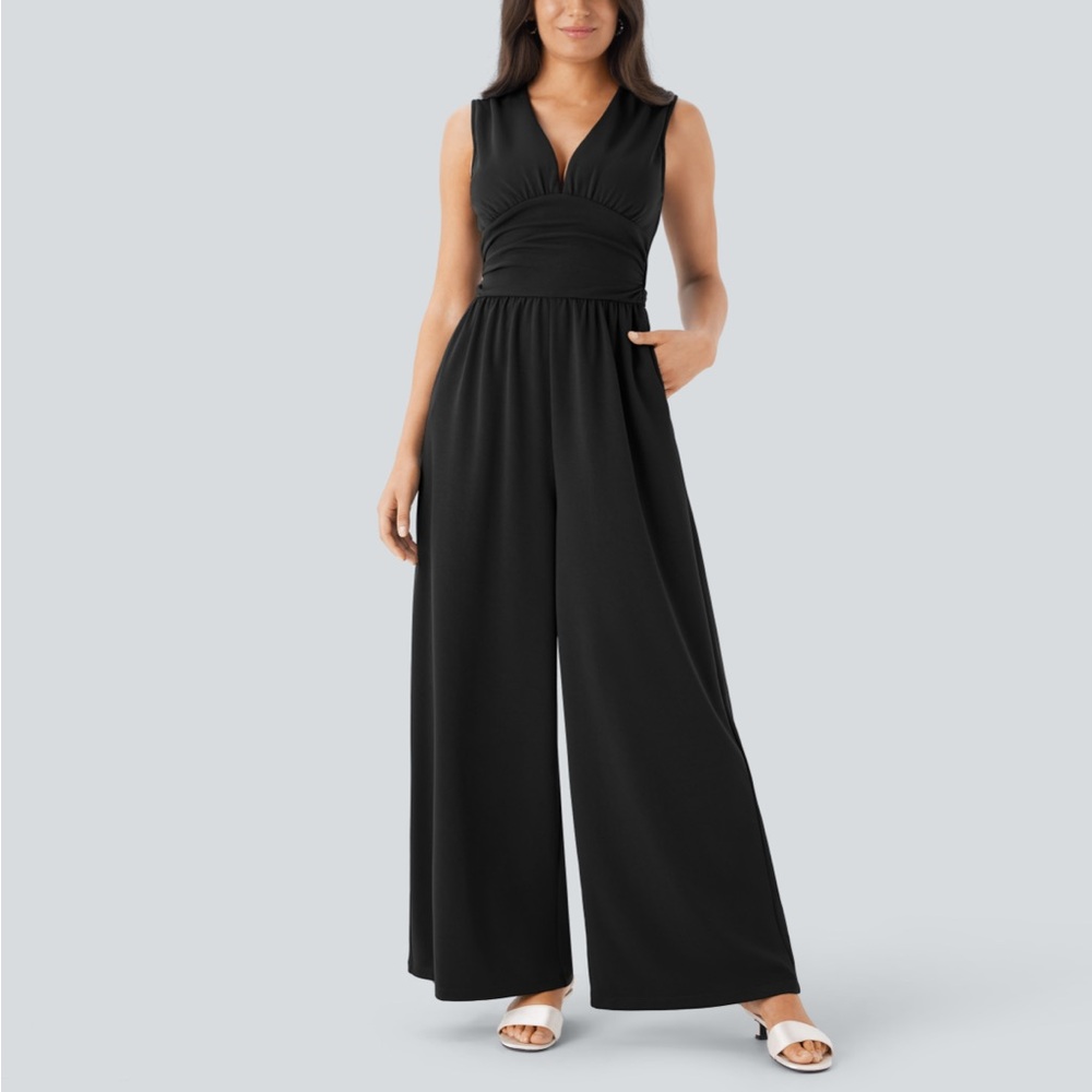 HALARA Black Sleeveless V-Neck Wide-Leg Jumpsuit